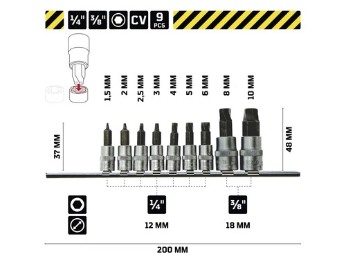 WGB Doppenset 1/4"+3/8" Met Gedraaide Bitinzet, 9-delig 7 WGB Doppenset 1/4"+3/8" Met Gedraaide Bitinzet, 9-delig - Afbeelding 5